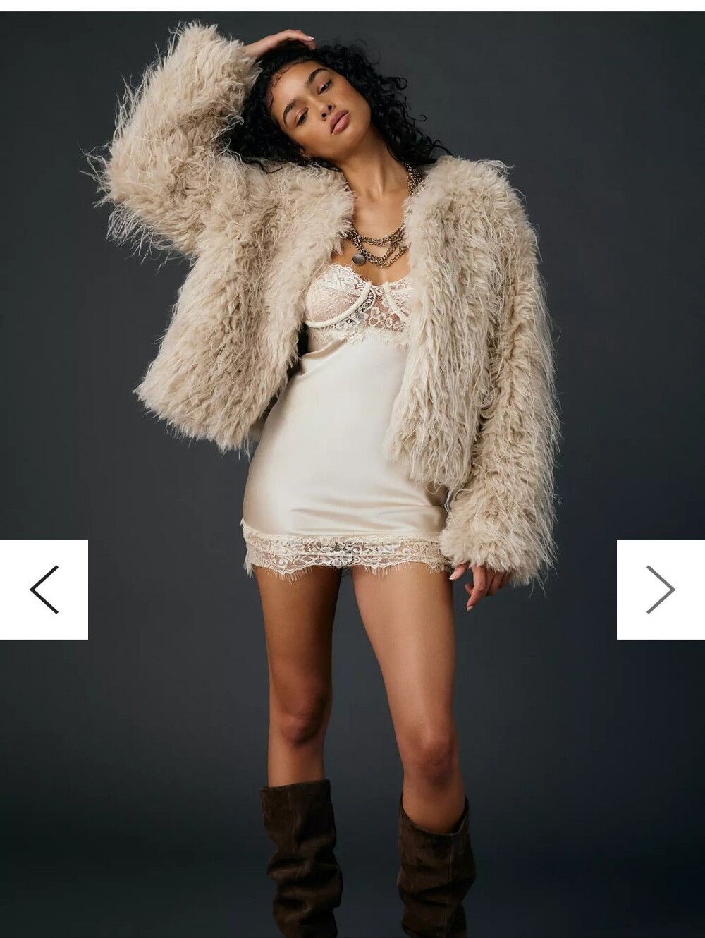 Ivory Lace-Trim Slip Dress with Beige Faux Fur Jacket